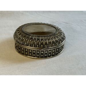 Silver Toned Small Jewelry Box, Blue Lined, 5X4, Raised Details, Classic